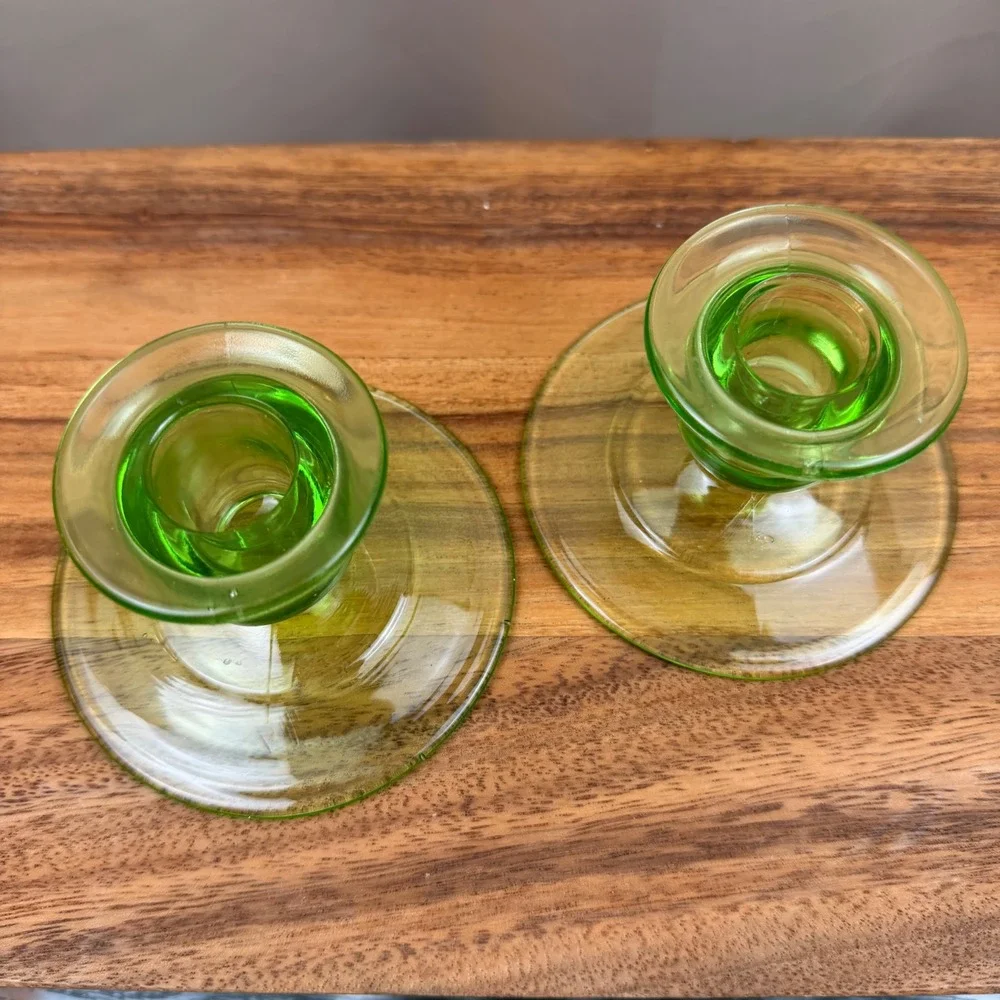 Vintage Uranium Glass Candlestick Holders‎ Green Vaseline Glass Set of 2 Glows